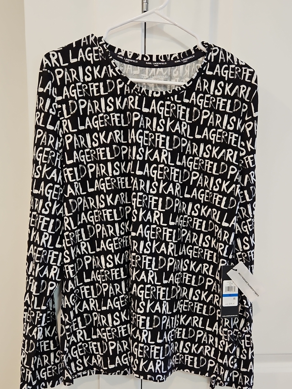 Karl Lagerfeld Black and White All-Over Logo Long Sleeve Tee